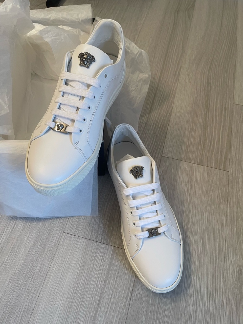 White Leather Men's Sneakers with Medallion Accent